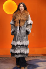 Load image into Gallery viewer, Full length natural karakul and rex rabbit fur coat with raccoon collar