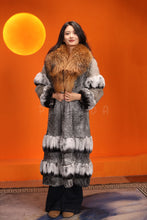 Load image into Gallery viewer, Full length natural karakul and rex rabbit fur coat with raccoon collar