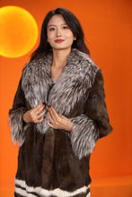 Load image into Gallery viewer, Full length natural mink fur coat with silver fox shawl collar