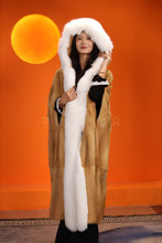 Load image into Gallery viewer, Penny lane in womens full length golden marten coat with fox fur trims