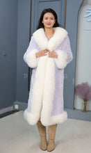 Load image into Gallery viewer, Penny lane in women's full length rex rabbit fur coat with fox trim