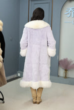 Load image into Gallery viewer, Penny lane in women's full length rex rabbit fur coat with fox trim