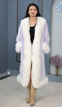 Load image into Gallery viewer, Penny lane in women's full length rex rabbit fur coat with fox trim