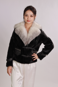 Black mink leather bomber jacket Biker Jacket Fox fur Collar Jacket