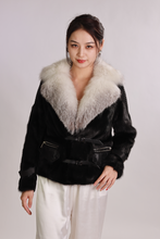 Load image into Gallery viewer, Black mink leather bomber jacket Biker Jacket Fox fur Collar Jacket
