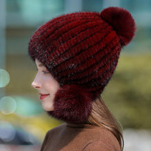 Load image into Gallery viewer, Ladies Mink Fur Hat with Fox Fur Pom Pom