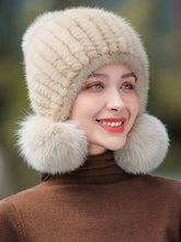 Load image into Gallery viewer, Ladies Mink Fur Hat with Fox Fur Pom Pom