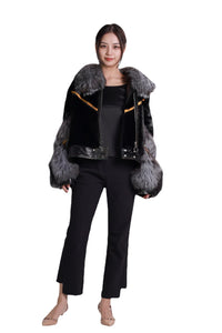 Black Mink Bomber Jacket with Sliver Fox Fur Collar