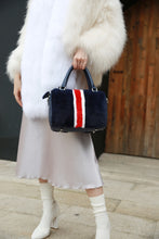 Load image into Gallery viewer, Women's Blue Mink Fur Handbag with Red and White Stripes