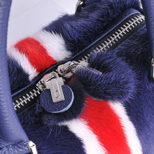 Load image into Gallery viewer, Women's Blue Mink Fur Handbag with Red and White Stripes