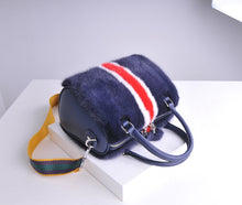 Load image into Gallery viewer, Women's Blue Mink Fur Handbag with Red and White Stripes