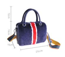 Load image into Gallery viewer, Women's Blue Mink Fur Handbag with Red and White Stripes