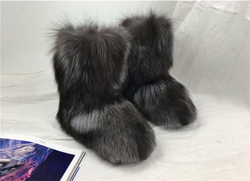 New Trend Silver fox Fur Snow Boots Mid-Calf Winter Warm Boots With Full Fur Covering Black fox Fur Boot Women's