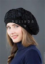 Load image into Gallery viewer, Black Astrakhan Karakul Swakara Fur Beret Hat Lady Winter Sheep Fur Beanies Hat for Women Fashion Winter Lamb Fur Hat
