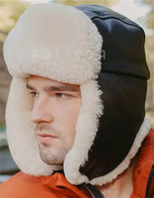 Load image into Gallery viewer, Men's sheepskin aviator cap, warm hat, earflap cap, wool hat
