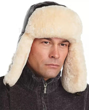 Load image into Gallery viewer, Men's sheepskin aviator cap, warm hat, earflap cap, wool hat

