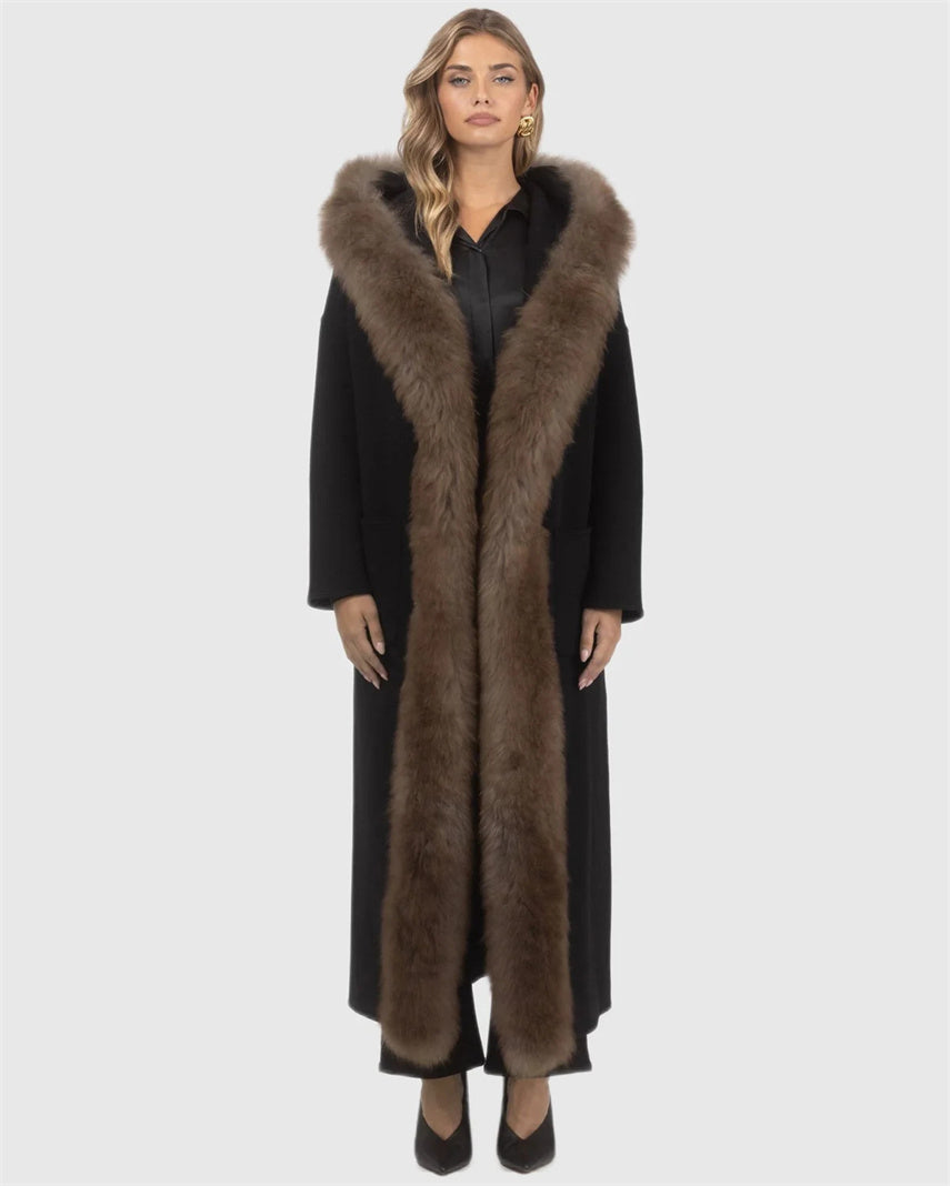 Parka Cashmere with Cashmere Goat Trim Cashmere Coat Black Coat Women Fluffy Fuzzy Plush Long Coat Leather Jackets for Ladies