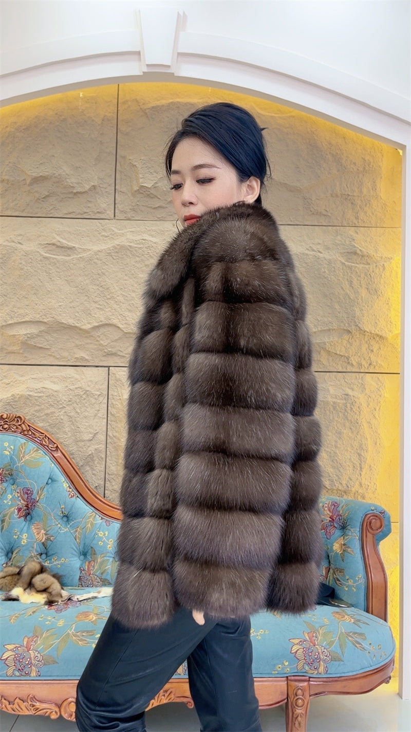 Star Light Silver Sable Fur Coat Fluffy Mink Coat Large Lapel Design Star Shining V-neck Collar Winter