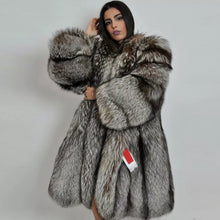 Load image into Gallery viewer, Women Full Pelt Real Natural Silver Fox Fur Coat Jacket Fluffy Lapel Overcoat
