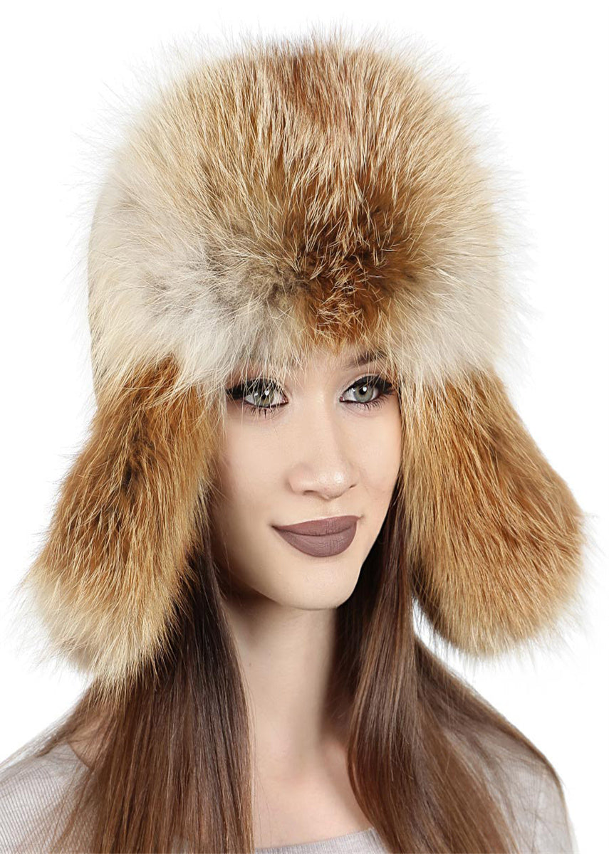 Trapper Gold Fox Fur Hat New Design Natural Wholesale Winter Adults Earflap Aviator Hat Women's Ushanka Hat