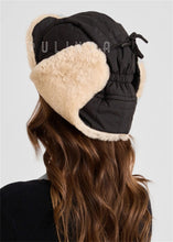 Load image into Gallery viewer, Shearling Sheepskin Aviator Hat in Olive and Tan Custom Winter Warm Soft Shearling Hat Womens Ushanka Sheep Fur Hat

