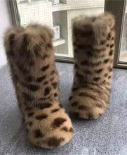 Load image into Gallery viewer, Fox Fur Flat High-top Snow Boots Black White Leapord pink Blue Brown fox Fur Boots Women Natural Fur Boot Winter
