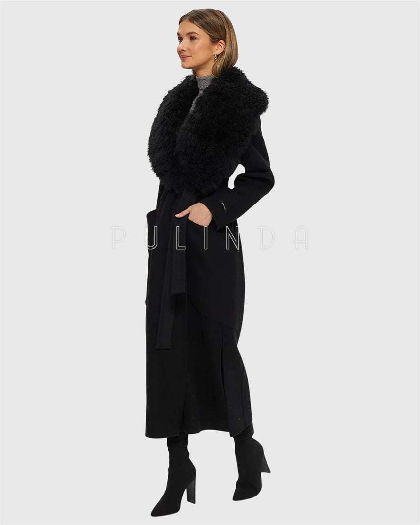 Belted Camel Cashmere Coat Double-Face Wool Cashmere Coat with Detachable Cashmere Goat Collar Leather Jackets for Ladies