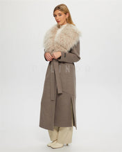 Load image into Gallery viewer, Belted Camel Cashmere Coat Double-Face Wool Cashmere Coat with Detachable Cashmere Goat Collar Leather Jackets for Ladies
