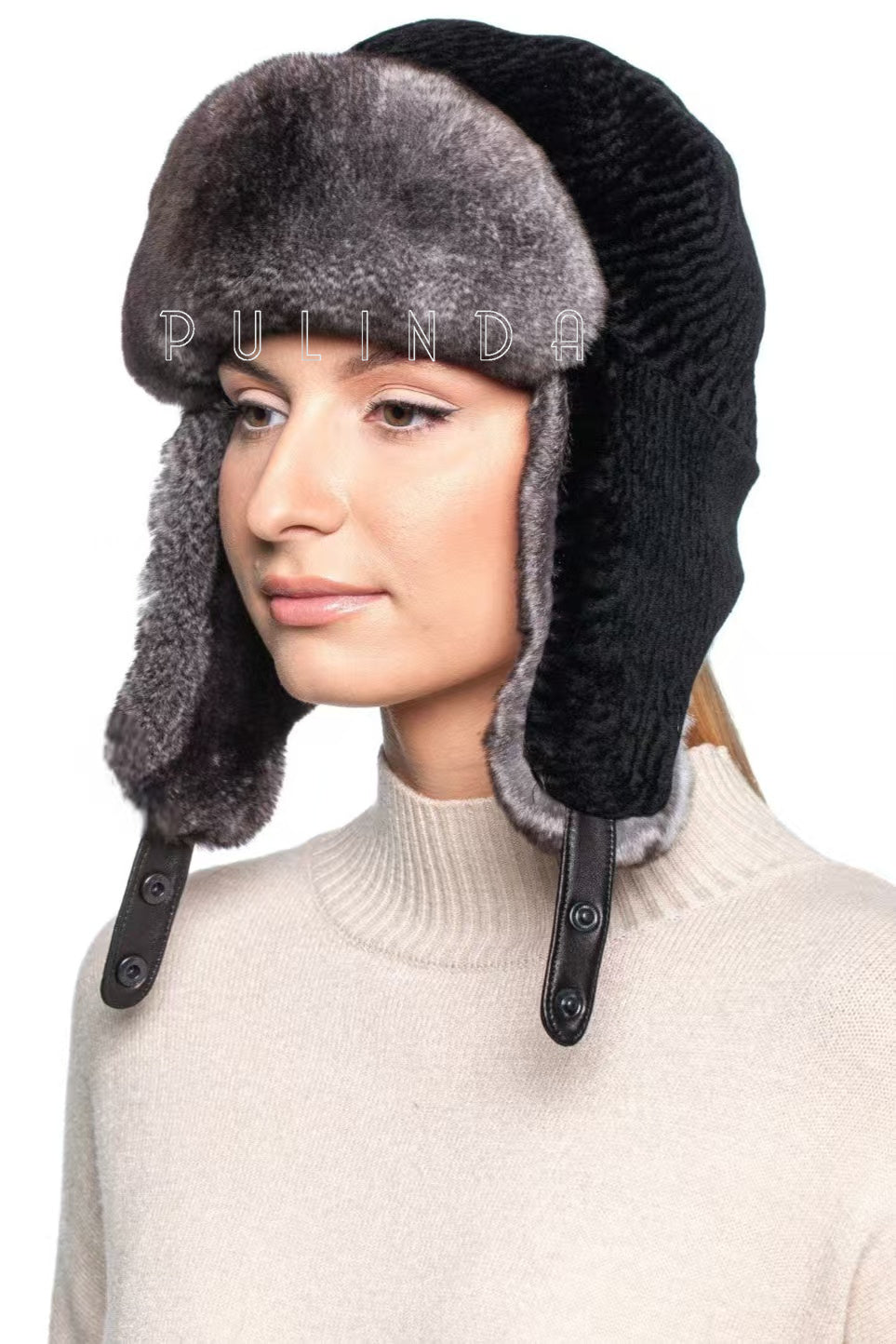 Chinchilla Rex Rabbit Fur Shearling Mouton Sheepskin Trapper Hat UshankaThick Winter Chinchilla Rabbit Aviator Hat Warm Ear Flap