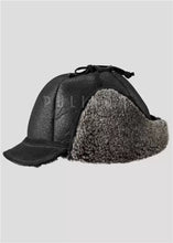 Load image into Gallery viewer, Frosted Black Shearling Sheepskin Hunting Hat for Men High Level Leather Hats Men's Black  Leather Baseball Chapeau Fur Hats
