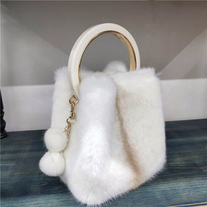 Women's Mink Handbag with Bracelet and Mink PomPom