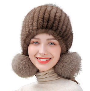Ladies Mink Fur Hat with Fox Fur Pom Pom