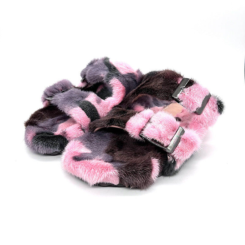 Mink Sandals Fur Slides Flat Slippers Ladies Outdoor Flip Flops For Women Camouflage Color