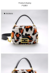 Women's Mink Fur Shoulder Bag with Leopard Print