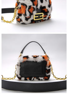 Women's Mink Fur Shoulder Bag with Leopard Print