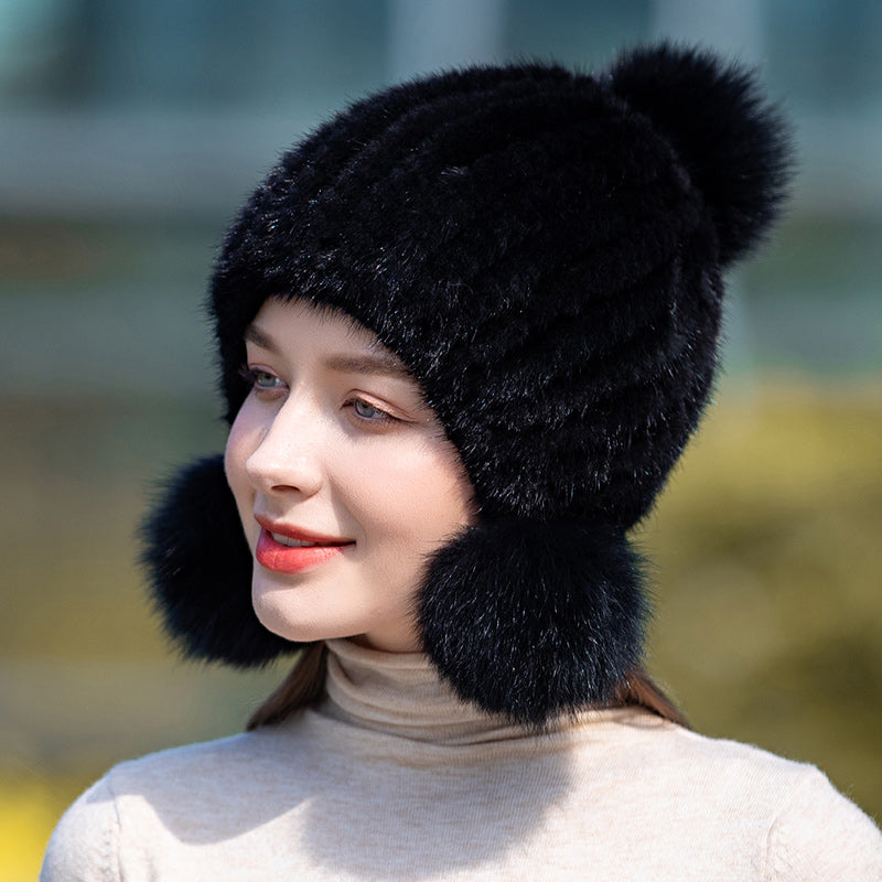 Ladies Mink Fur Hat with Fox Fur Pom Pom