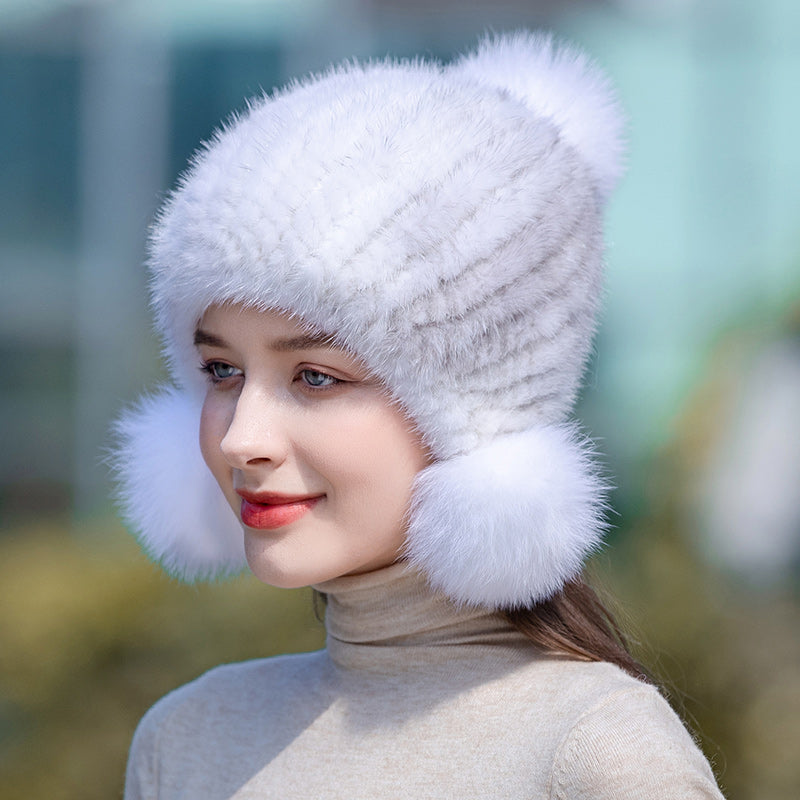 Ladies Mink Fur Hat with Fox Fur Pom Pom