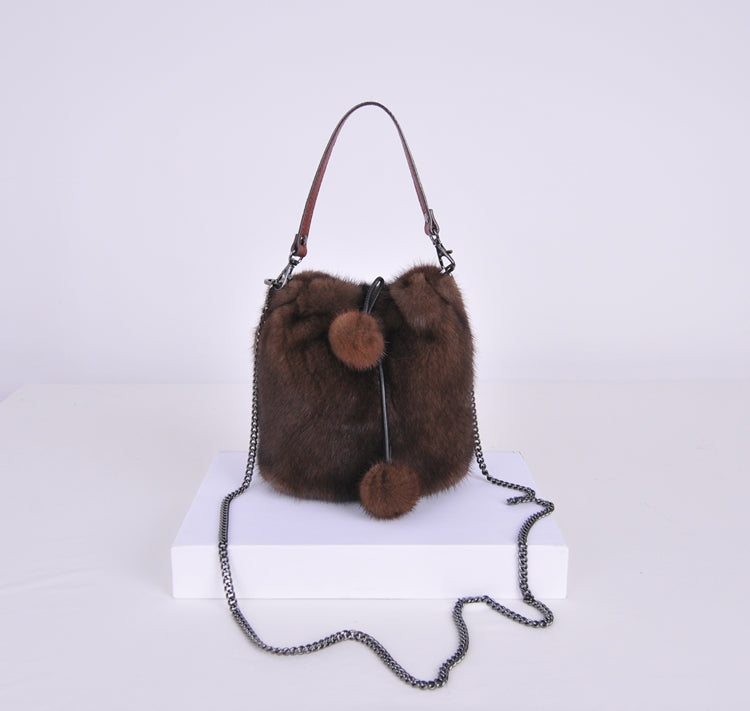 Ladies Mink Fur Shoulder Bucket Bag