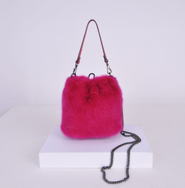 Ladies Mink Fur Shoulder Bucket Bag