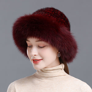 Women's Real Fox Fur Bucket Hat with Mink Fur