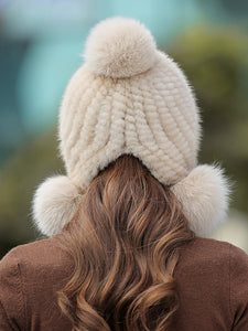 Ladies Mink Fur Hat with Fox Fur Pom Pom