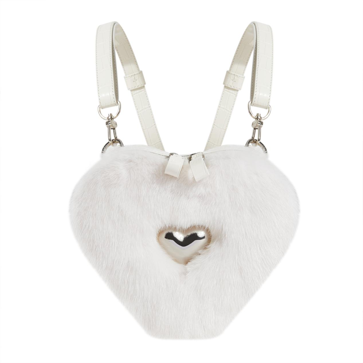 White Real Mink Fur Heart Bag Purse