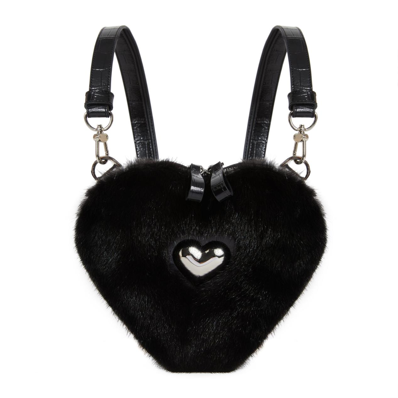 black Real Mink Fur Heart Bag Purse