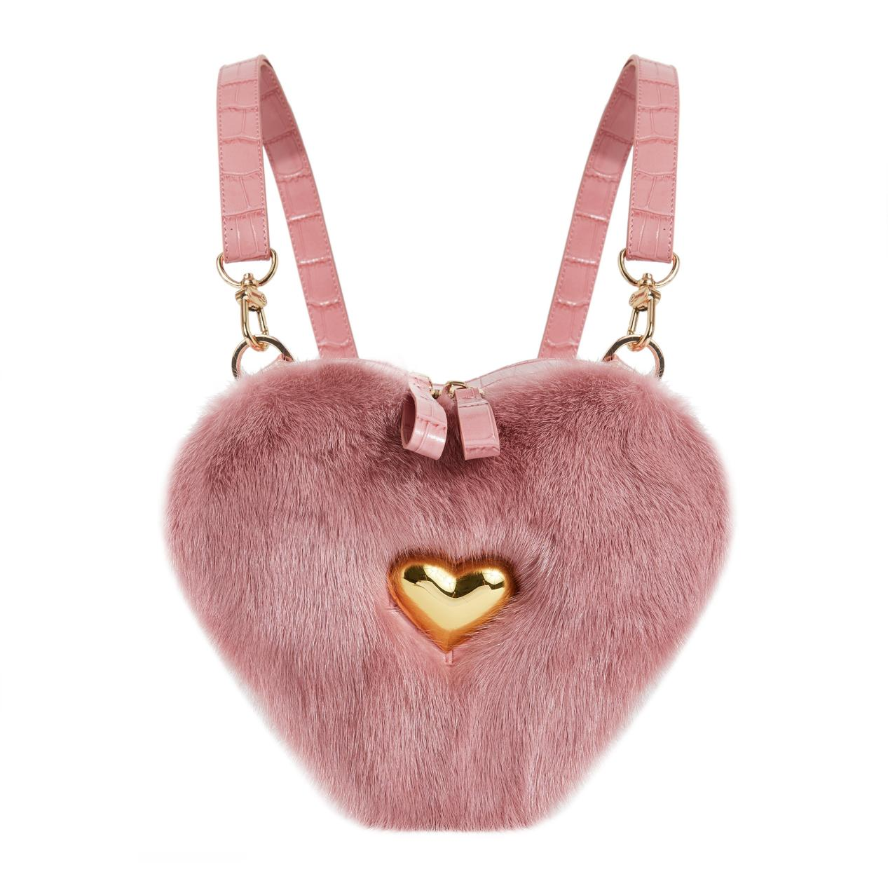 Pink Real Mink Fur Heart Bag Purse