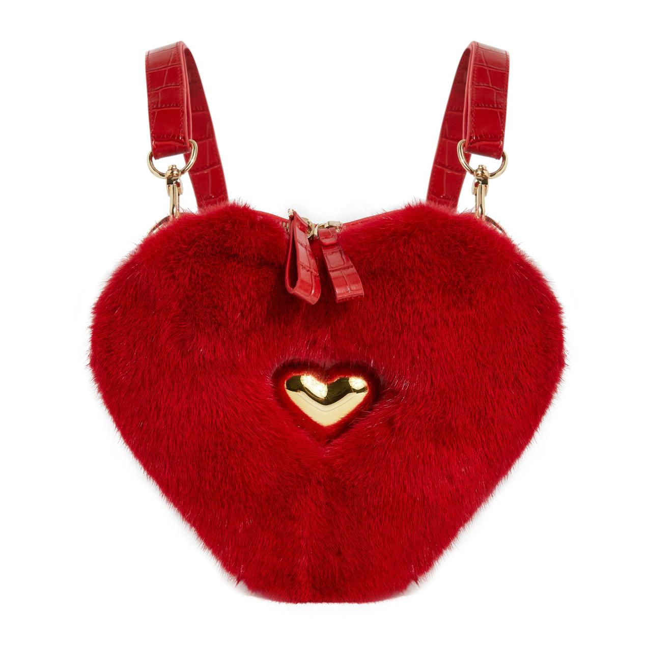 Real Mink Fur Red Heart Bag Purse