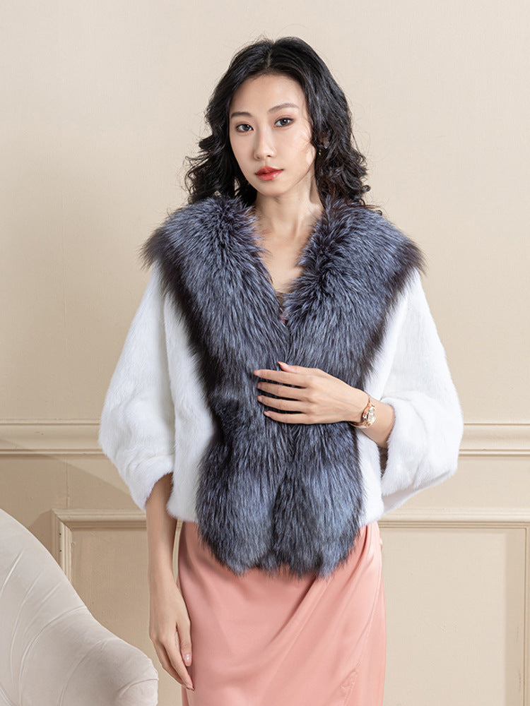 White Mink Cape Stole Shawl Ponche Bolero Fox Fur Collar