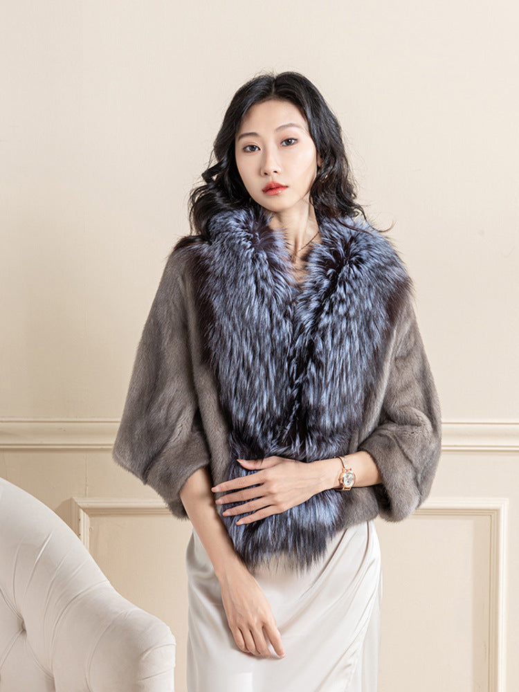 White Mink Cape Stole Shawl Ponche Bolero Fox Fur Collar