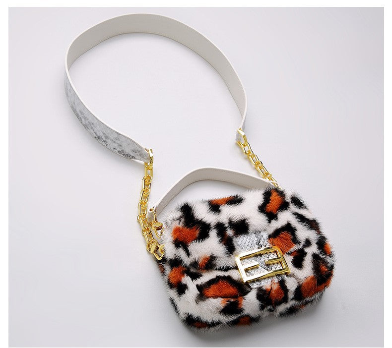 Women's Mink Fur Shoulder Bag with Leopard Print