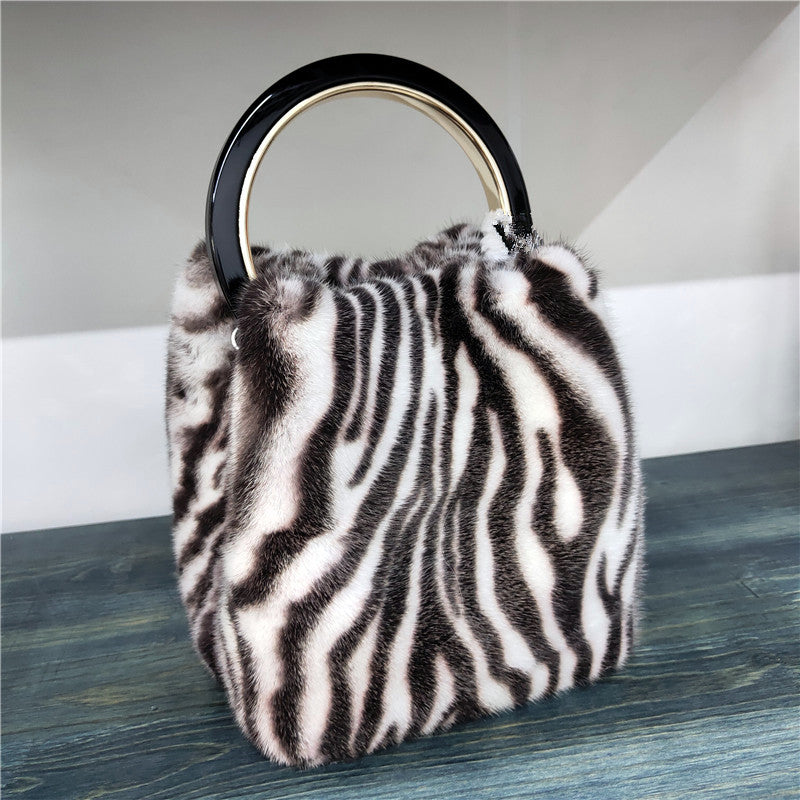 Women's Mink Handbag with Bracelet and Mink PomPom