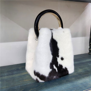 Women's Mink Handbag with Bracelet and Mink PomPom